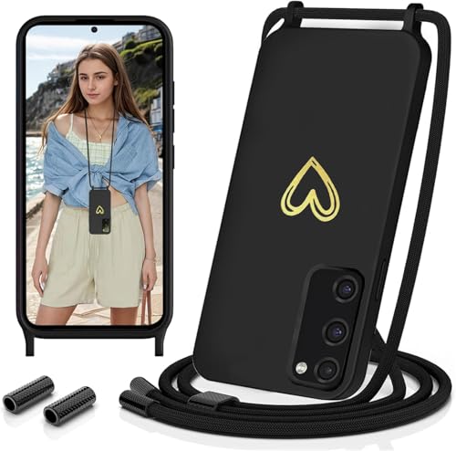Sebor Handykette für Samsung Galaxy S20 FE Hülle mit Band 4G&5G, Silikon Handyhülle mit Kette Gold Herz Muster Necklace Schutzhülle Stoßfest mit Abnehmbar Kordel zum Umhängen 6,5 Zoll, Schwarz von Sebor