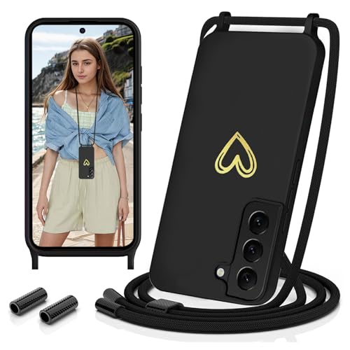 Sebor Handykette für Samsung Galaxy S22 Hülle mit Band, Silikon Handyhülle mit Kette Gold Herz Muster Necklace Schutzhülle Stoßfest mit Abnehmbar Kordel zum Umhängen für Samsung Galaxy S22, Schwarz Sebor Handykette für Samsung Galaxy S22 Hülle mit Band, Silikon Handyhülle mit Kette Gold Herz Muster Necklace Schutzhülle Stoßfest mit Abnehmbar Kordel zum Umhängen für Samsung Galaxy S22, Schwarz von Sebor