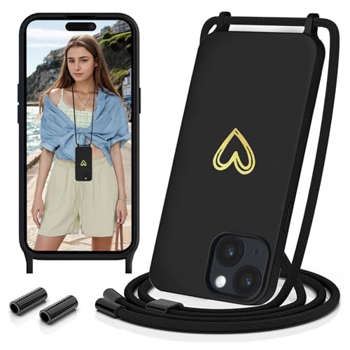 Sebor Handykette für iPhone 15 Hülle mit Band, Silikon Handyhülle mit Kette Gold Herz Muster Necklace Schutzhülle Stoßfest mit Abnehmbar Kordel zum Umhängen für iPhone 15, Schwarz Sebor Handykette für iPhone 15 Hülle mit Band, Silikon Handyhülle mit Kette Gold Herz Muster Necklace Schutzhülle Stoßfest mit Abnehmbar Kordel zum Umhängen für iPhone 15, Schwarz von Sebor