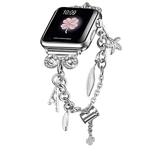 Secbolt Bling Bands Kompatibel mit Apple Watch Bands 38 mm 40 mm 41 mm iWatch Serie 9/8/7/6/5/4/3/2/1/SE, austauschbare Charms, verstellbares Armband, Silber von Secbolt