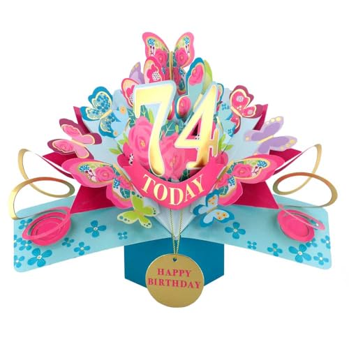 Pop-Up-Grußkarte zum 74. Geburtstag mit Aufschrift "74 Today Happy 74th Birthday", "Love Kate's Pop Up", "Her Design", POP236MC74 Pop-Up-Grußkarte zum 74. Geburtstag mit Aufschrift "74 Today Happy 74th Birthday", "Love Kate's Pop Up", "Her Design", POP236MC74 von Second Nature Pop Ups
