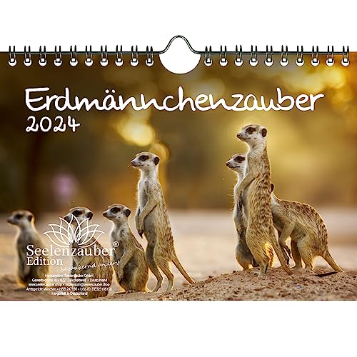 Erdmännchenzauber DIN A5 Wandkalender für 2024 Erdmännchen - Geschenkset Inhalt: 1x Kalender, 1x Weihnachts- und 1x Grußkarte (insgesamt 3 Teile) von Seelenzauber