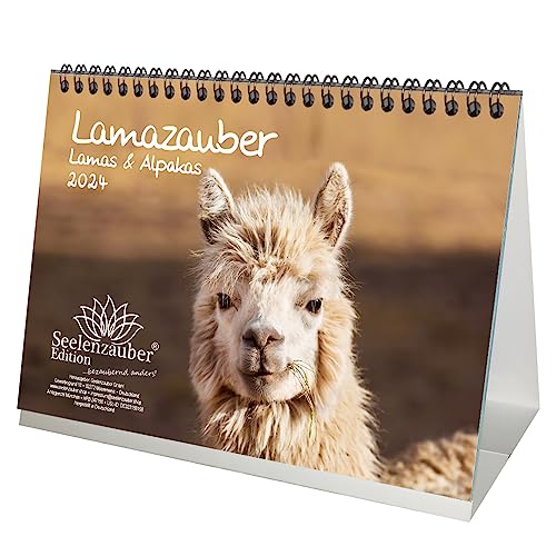 Lamazauber DIN A5 Tischkalender für 2024 Lama Alpaka - Geschenkset Inhalt: 1x Kalender, 1x Weihnachts- und 1x Grußkarte (insgesamt 3 Teile) von Seelenzauber