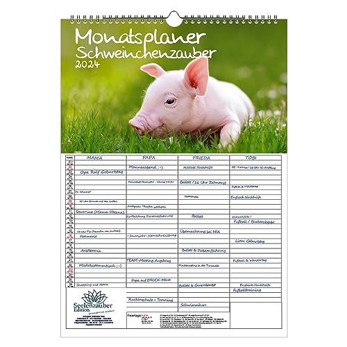 Schweinchenzauber Wandplaner Familienplaner 4 Spaltenplaner A3 Kalender für 2024 Schweine Schweinchen - Seelenzauber von Seelenzauber