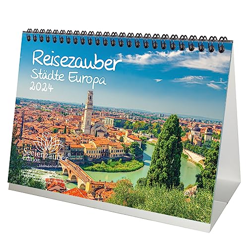Städtezauber Europa DIN A5 Tischkalender für 2024 Städte - Geschenkset Inhalt: 1x Kalender, 1x Weihnachts- und 1x Grußkarte (insgesamt 3 Teile) von Seelenzauber