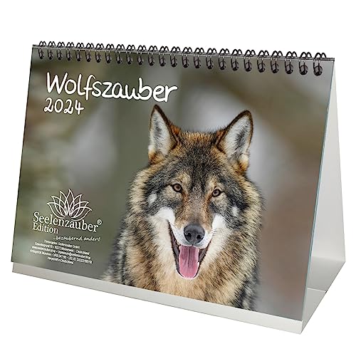 Wolfszauber DIN A5 Tischkalender für 2024 Wolf und Wölfe - Geschenkset Inhalt: 1x Kalender, 1x Weihnachtskarte (insgesamt 2 Teile) von Seelenzauber