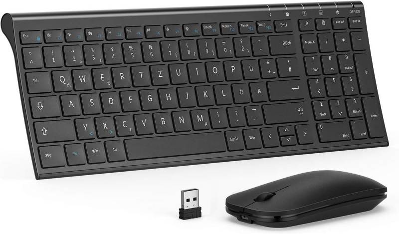 Seenda beide Wiederaufladbar, Ultra-Dünne 2.4G USB Funk Tastatur- und Maus-Set, mit Funkmaus, Aluminium Slim Tastatur, QWERTZ DE Layout für Windows PC von Seenda