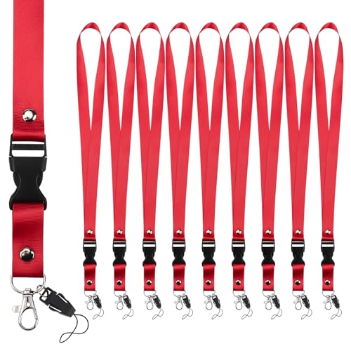 Segus Lanyard, 10 Stück Schlüsselband Rot, Schlüsselanhänger Lang, Schlüsselbänder zum Umhängen, mit Abnehmbare Schnalle, für Ausweishüllen, Schlüssel von Segus