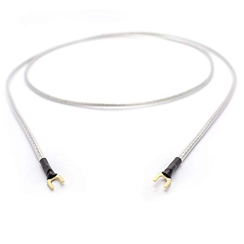 Selected Cable 100cm Erdungsleitung 1x 0,50mm² für Plattenspieler Phonogeräte mit Masseanschluß inkl. vergoldeter Gabelschuh Masseleitung transparent Silber Geflechtschirm (1m) von Selected Cable