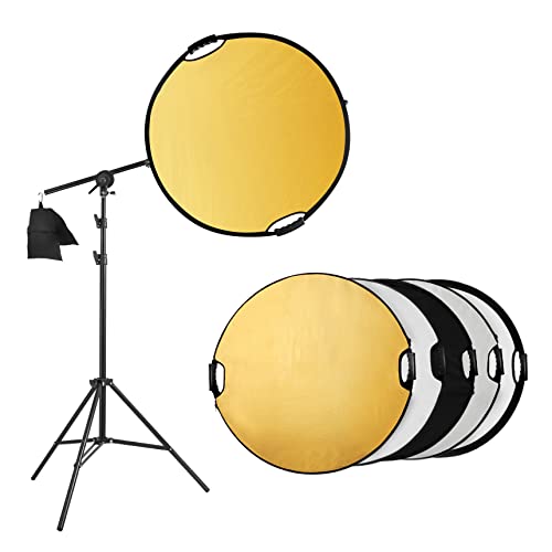 Selens 5-in-1 80cm Reflektor Fotografie Rund Faltreflektor + 200cm Lichtständer + Sandsack + ausziehbarem Halter, Tragebar Diffusor Gold/Silber/Weiß/Schwarz und Transparent Reflektor mit Griff von Selens