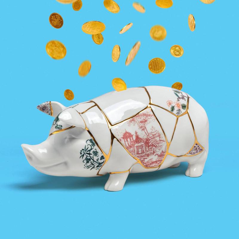 SELETTI Sparschwein Kintsugi, weiß / bunt, Porzellan, Gold von Seletti