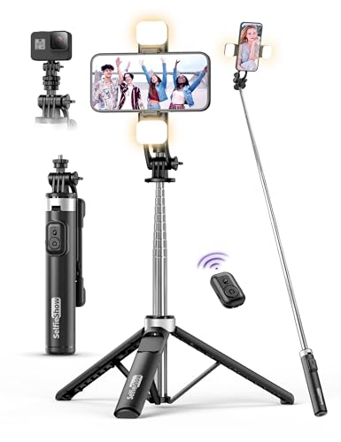 135CM Selfie Stick mit 2 Fülllicht, All-in-1 Handy Stativ mit Abnehmbarer Fernbedienung, 360° Drehbarer Tragbar Stativ Handyhalterung Stabil Selfie Stange Kompatibel mit iPhone/Samsung/Android von SelfieShow