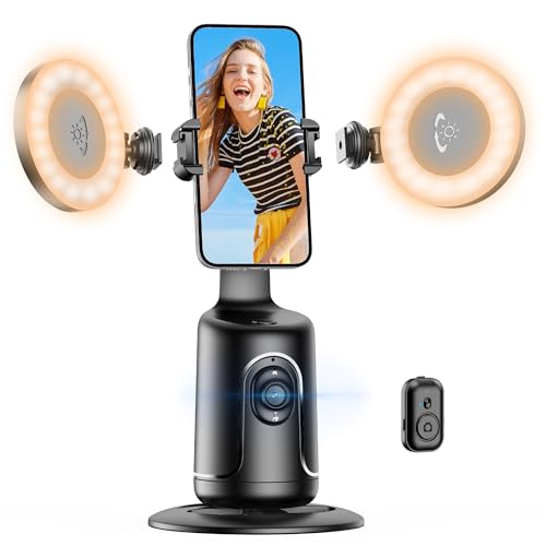 Auto Face Tracking Tripod mit 2 Selfie Licht, 360 ° Drehbar Handyhalterung für Smartphone, Smart Tracking Automatisch Gimbal Stabilisator for Vlog, Streaming, Video, Keine App, Gestensteuerung von SelfieShow