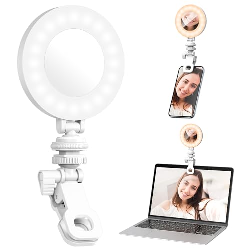 Handy Selfie Licht mit Clip, 3 Lichtmodi & 10 Helligkeitsstufen Fotolicht Phone Selfi Light LED Videoleuchte Kamera Licht 360°Drehbar Videolicht Ringlicht für Handy, Tablet, iPad, Laptop (Weiß) von SelfieShow