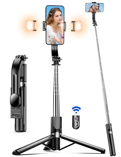 Selfie Stick mit Verbessertem Stativ, Selfie Stick Stativ mit 2 Fülllicht, Extra Langes 115cm Handy Stativ mit Abnehmbarer Fernbedienung, Kompatibel mit iPhone Samsung usw, Action-Kamera GoPro von SelfieShow