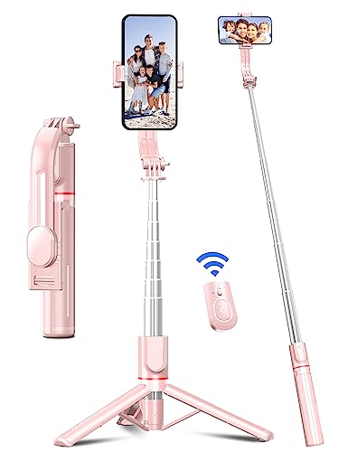 Selfie Stick mit Verbessertem Stativ [2023 Ganz Neues Entwurf] Selfie Stange aus Aluminium Handy Stativ mit Abnehmbarer Fernbedienung um 360° Drehbar für iPhone Samsung, Action-Kamera GoPro (Rosa) von SelfieShow