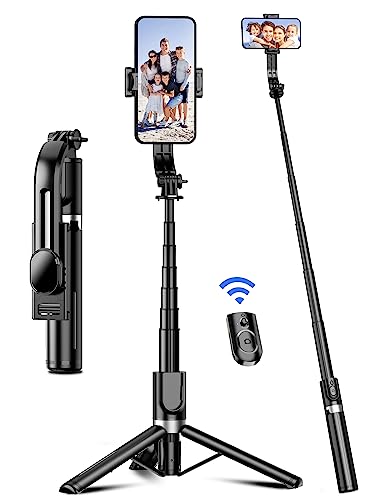 Selfie Stick mit Verbessertem Stativ [2023 Ganz Neues Entwurf] Selfie Stange aus Aluminium Handy Stativ mit Abnehmbarer Fernbedienung um 360° Drehbar für iPhone Samsung, Action-Kamera GoPro (Schwarz) von SelfieShow