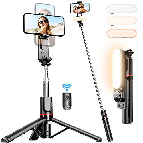 Stable Selfie Stick Stativ mit Abnehmbarer Fülllicht, 111cm Erweiterbar Handy Stativ mit Kabelloser Fernbedienung um 360° Drehbar für iPhone, Samsung, Huawei, Sony und Andere Smartphones von SelfieShow