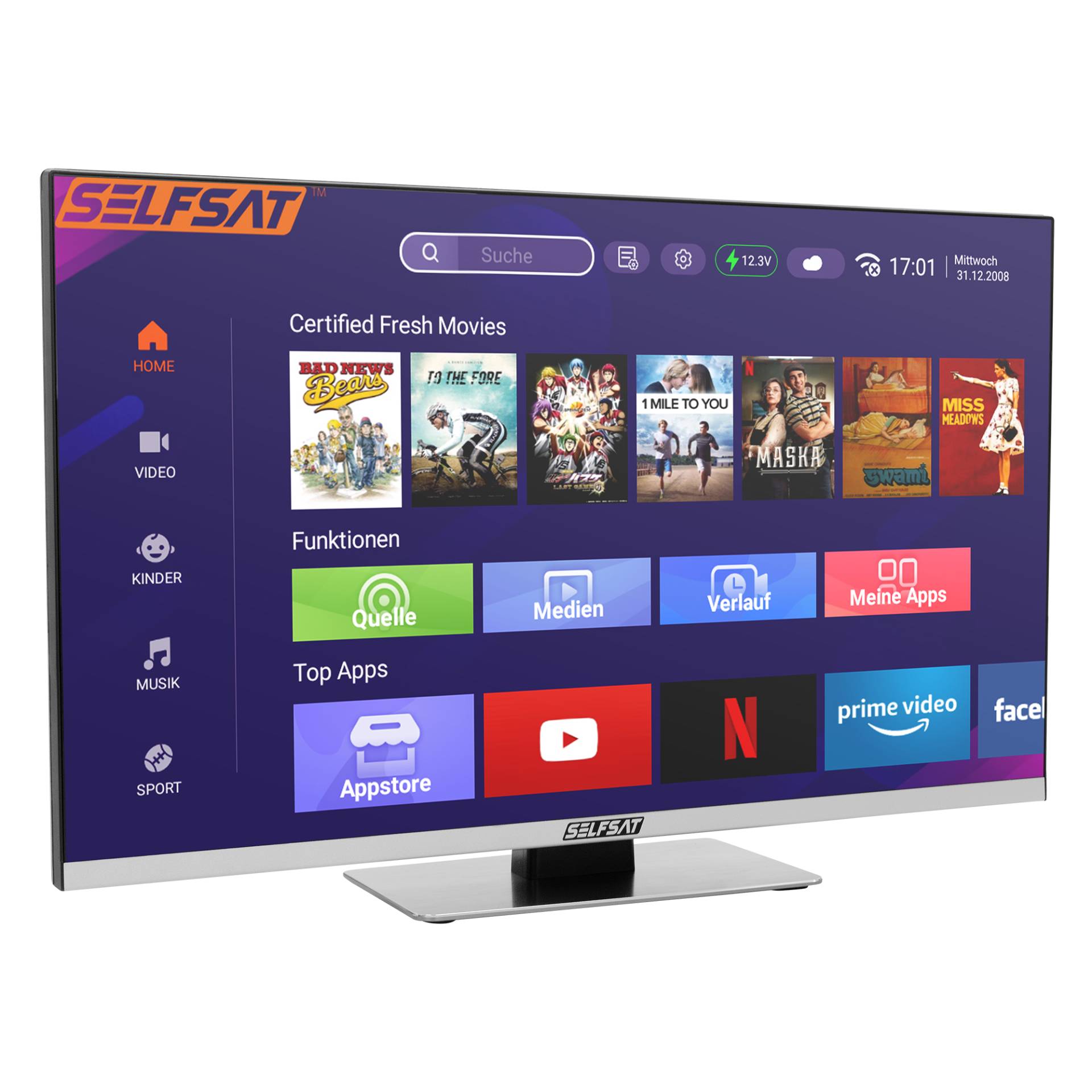 SELFSAT SMART LED TV 1260 (60cm/24") rahmenloser TV inkl. DVB-S2/C/T2 HD Tuner mit WLAN u. Bluetooth von Selfsat