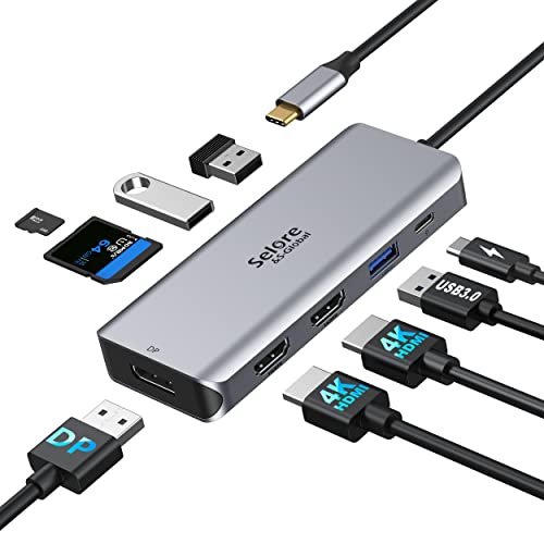 Dockingstation USB C Triple Display Dual HDMI Adapter, 9 in 1 USB C zu Displayport Adapter SD TF Kartenleser 2USB 2.0, 1 USB 3.0, 100W PD für Dell XPS 13/15, Lenovo Yoga, Huawei Matebook X Pro usw. von Selore&S-Global