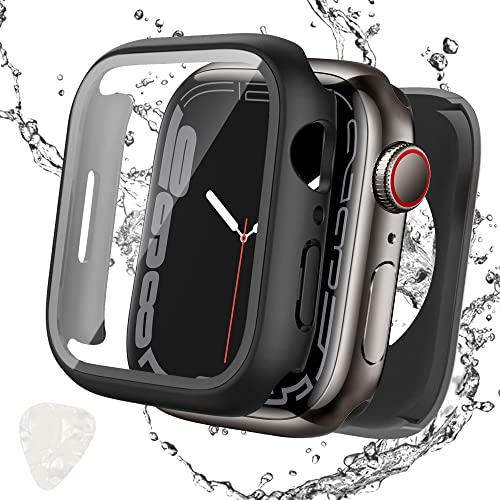 [2 in 1] Seltureone Wasserdichtes Hülle für Apple Watch Series 7 41mm 45mm, 360° Rundumabdeckung PC, Eingebaute Panzer Schutz Glas, Vorderer und Hinterer Schutzhülle für iwatch 7 – (41mm, Schwarz) von Seltureone