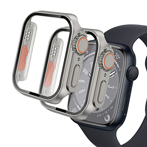 Seltureone 2 Stück Hülle für Apple Watch Series 9/8/7 45mm Schutzhülle, Kreatives Design Hart PC Schutzhülle für Apple Watch 44mm 45mm Glas Displayschutz - Titan von Seltureone