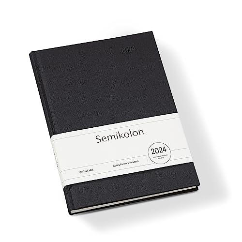 Semikolon 369068 Wochenkalender & Notizbuch 2024 A5, 13 Monate, 100g/m² Papier, Englisch, Hardcover, black schwarz von Semikolon