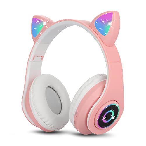 Sendowtek Bluetooth Kopfhörer Kinder Mädchen Over Ear Katzenohr Kopfhörer LED-licht Faltbare Kabellos Kopfhörer für Kinder Erwachsener für Tablet/PC/Phone von Sendowtek