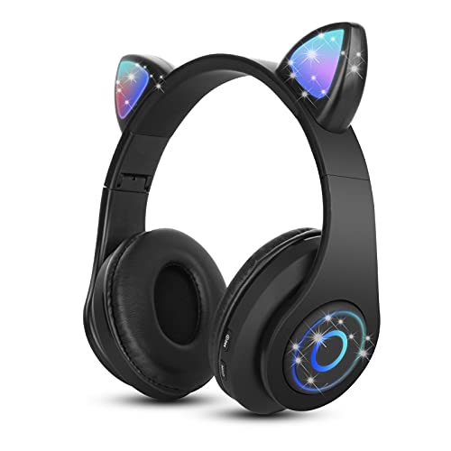 Sendowtek Bluetooth Over-Ear Kopfhörer Schwarz Mädchen Katzenohr Kopfhörer RGB-licht Faltbare Stereo Kabellose Kopfhörer Headset für Kinder Teleskopmikrofon mit Geräuschunterdrückung für Laptop/PC/TV von Sendowtek