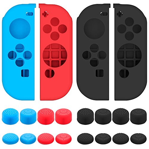 SENHAI Schutzhülle Kompatibel mit Nintendo Switch Joy-Con Controller mit Schutzgriffen, 2 Paar Silikon-Schutzhülle für Joysticks mit 16 Sticks – Schwarz, Blau + Rot von Senhai