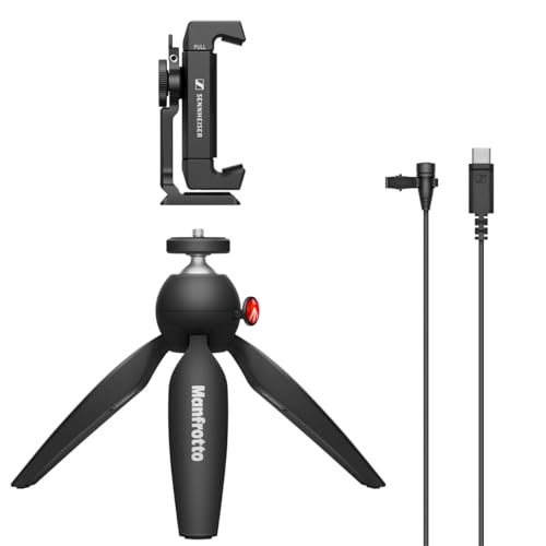 Sennheiser XS Lav USB-C Mobile Kit | Omnidirektionales Clip-On-Lav-Mikrofon mit Smartphone-Klemme & Manfrotto PIXI Mini-Stativ | Inklusive USB-C-Anschluss & 2M-Kabel | Schwarz (509259) von Sennheiser