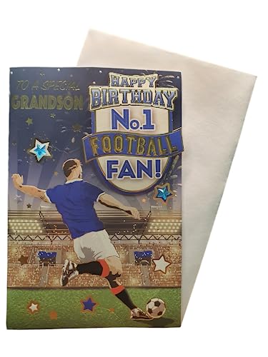 "Express Yourself" Geburtstagskarte für Enkel Nr. 1, Blau und Weiß, inklusive Umschlag, Fußballfan-Geburtstagskarte für Enkel (FG7518A/02) von Sensations / Xpress Yourself