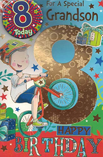 "Express Yourself" Geburtstagskarte für Enkel im Alter von 8 Jahren – inklusive Abzeichen und Umschlag – animierter kleiner Junge mit dem Fahrrad von Sensations / Xpress Yourself