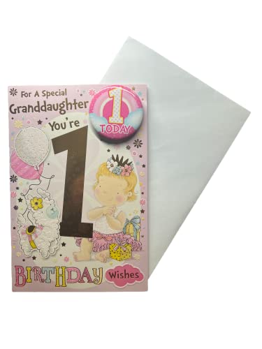 "Express Yourself" Geburtstagskarte für Enkelin im Alter von 1 Jahren – inklusive Abzeichen und Umschlag – animiertes kleines Jahr alt und ihr süßes Haustier-Schaf Design auf einer rosa Schriftart, von Sensations / Xpress Yourself