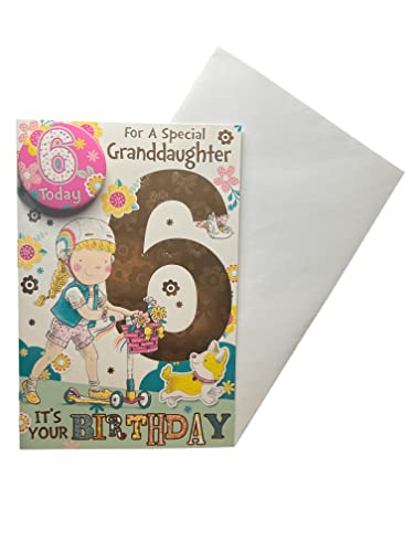 "Express Yourself" Geburtstagskarte für Enkelin im Alter von 6 Jahren – inklusive Abzeichen und Umschlag – animiertes kleines 6-jähriges Mädchen und ihr Haustier-Hunde-Design von Sensations / Xpress Yourself