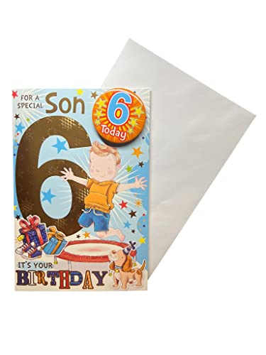 "Express Yourself" Geburtstagskarte für Sohn im Alter von 6 Jahren – inklusive Abzeichen und Umschlag – animierter kleiner Junge springt auf einem Trampolin für 6-jährige Jungen von Sensations / Xpress Yourself