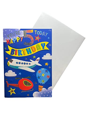 Sensations / Xpress Yourself Geburtstagskarte für Männer zum 5. Geburtstag, mit Umschlag, Motiv: Flugzeug, Hubschrauber und Heißluftballon von Sensations / Xpress Yourself
