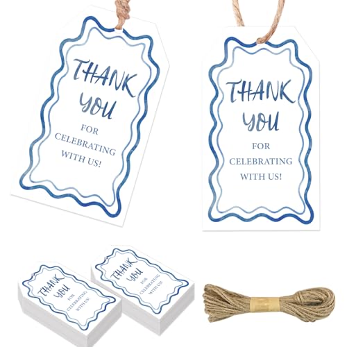 Serencatcher 50 x blaue gewellte Aquarell-Dankesschilder, elegantes Dankeschön für die Feier mit uns, Karton-Geschenkanhänger mit Schnur, 4,8 x 8,9 cm, für Hochzeitsgeschenke, Brautparty von Serencatcher