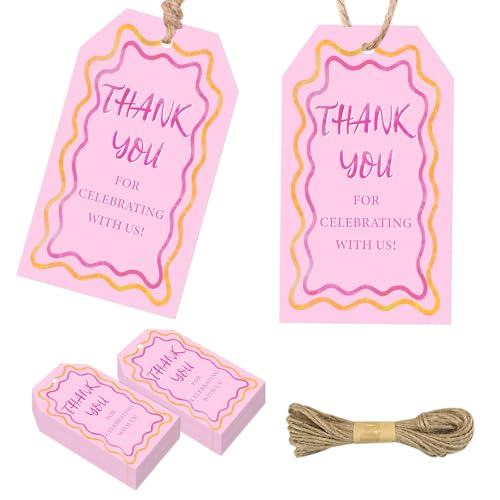 Serencatcher 50 x rosa gewellte Aquarell-Dankesschilder, elegantes Dankeschön für die Feier mit uns, Karton-Geschenkanhänger mit Schnur, 4,8 x 8,9 cm, für Hochzeitsgeschenke, Brautparty von Serencatcher