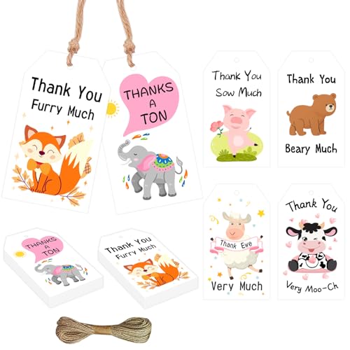Serencatcher 60 lustige Tier-Dankeschön-Etiketten mit Schnur, "Thank You Furry Much Beary Much Very Moo-Ch Thanks a Tonne", Geschenkanhänger (6 Designs) für Geburtstag, Party, Gastgeschenke, Lehrer von Serencatcher