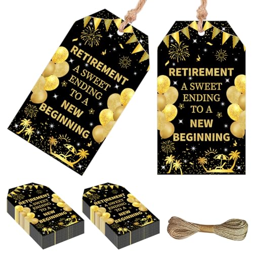 Serencatcher Geschenkanhänger "Happy Retirement", 50 Stück, Schwarz und Gold, für den Ruhestand, "A Sweet Ending to A New Beginning Thank You", mit Schnur, 4,8 x 8,9 cm, für offizielle Gastgeschenke von Serencatcher