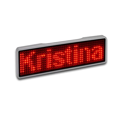 Sertronics LED programmierbar Namensschild mit digitalem Bewegungsschild, USB wiederaufladbar LED Name Tag, LED Anzeigetafel mit 11x44 Pixel, digital Scrolling, Rahmen silber, LED rot von Sertronics