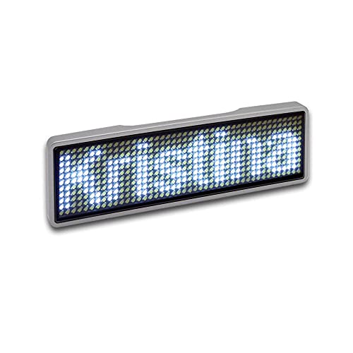 Sertronics LED programmierbar Namensschild mit digitalem Bewegungsschild, USB wiederaufladbar LED Name Tag, LED Anzeigetafel mit 11x44 Pixel, digital Scrolling, Rahmen silber, LED weiß von Sertronics