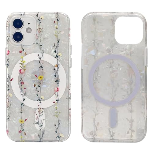 Magnetische Schutzhülle für iPhone 12 Mini, 13,7 cm (5,4 Zoll), kompatibel mit MagSafe-Ladegerät, weiches TPU, dünn, stoßfest, niedliche Schutzhülle mit Displayschutzfolie (Perlen-Wildblumen) von Sesty
