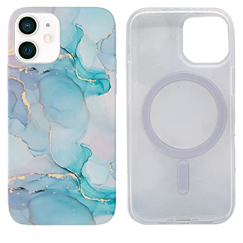 Magnetische Schutzhülle für iPhone 12 Mini 5,4 Zoll, kompatibel mit MagSafe, Laden, weiches TPU, schlank, stoßfest, Schutzhülle für iPhone 12 Mini, mit Displayschutzfolie (Pastellgrüner Marmor) von Sesty