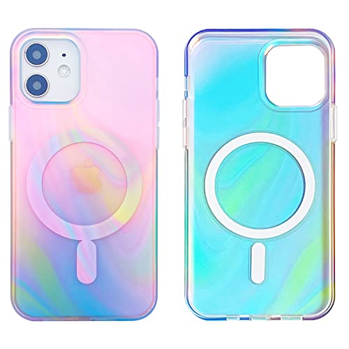 Magnetische Schutzhülle für iPhone 12 und iPhone 12 Pro 6.1 Zoll kompatibel mit MagSafe Laden, weiches TPU, schlank, Schutzhülle mit Displayschutzfolie (holografischer Farbverlauf, Wirbelmarmor) von Sesty