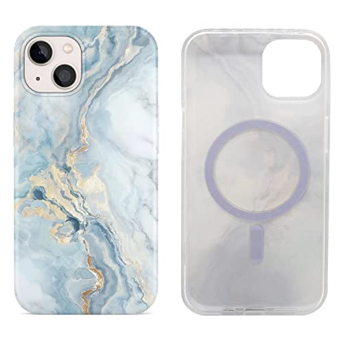 Magnetische Schutzhülle für iPhone 13 Mini, 13,7 cm (5,4 Zoll), kompatibel mit MagSafe-Ladefunktion, weiches TPU, dünn, stoßfest, niedlich, mit Displayschutzfolie (Blauer Marmor) von Sesty
