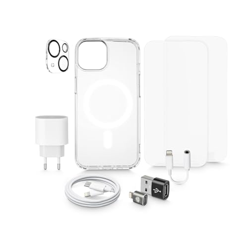 SetWerk 8-teiliges Zubehör Set für Apple iPhone 13 und iPhone 14 mit Premium Hülle, 2 Schutzfolien, Netzstecker mit Ladekabel, Kopfhörer Adapter, Lightning Adapter, 2 USB Adapter, Kameraschutz von SetWerk