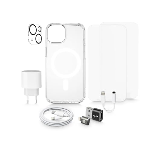 SetWerk 8-teiliges Zubehör Set für Apple iPhone 13 und iPhone 14 mit Premium Hülle, 2 Schutzfolien, USB-C Adapter Netzstecker mit Ladekabel, Kopfhörer Adapter, Lightning Adapter, USB Adapter von SetWerk