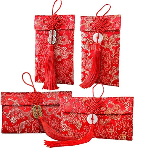 4 PCS Chinese Silk Red Envelopes, Chinese Lucky Dragon Element Red Envelopes for Wedding, New Year Red Money Pockets, Approx Can Hold 100 Sheets, 4 Styles von SevenMye